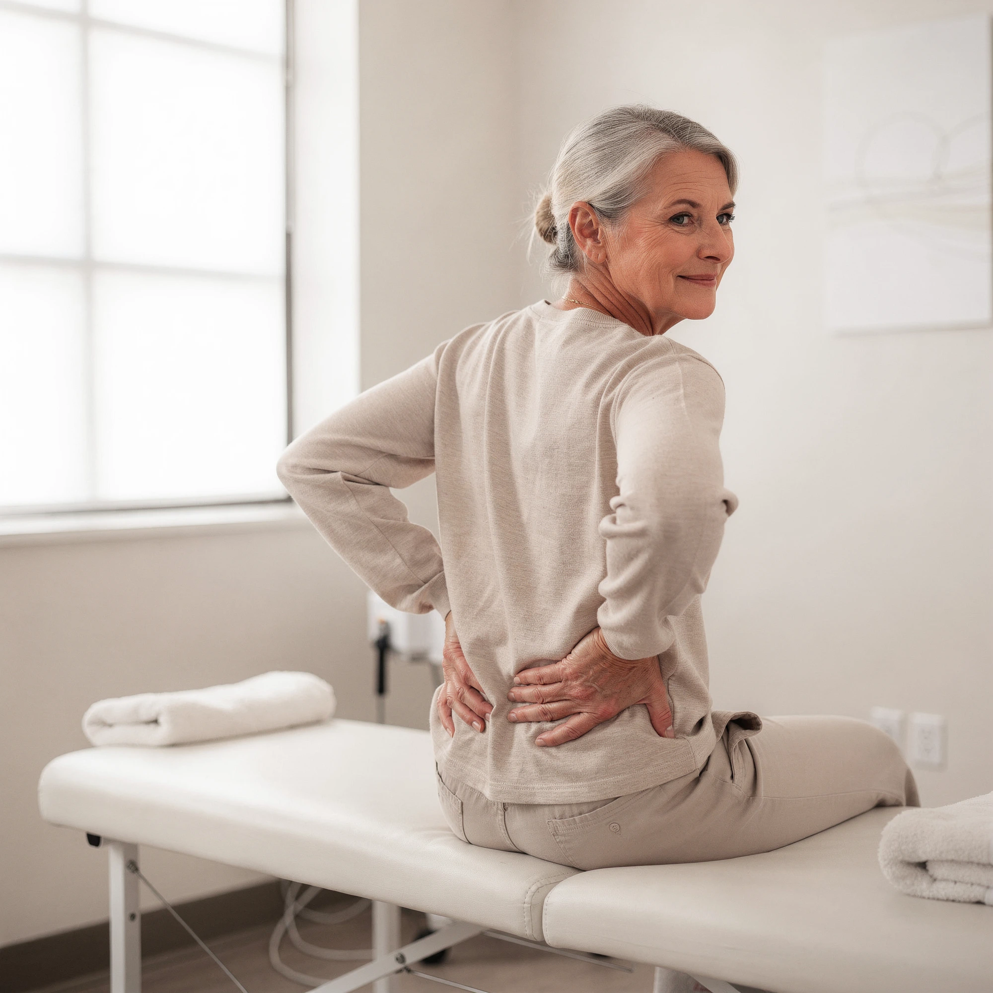Woman sitting on medical table holding lower back, depicting chronic back pain